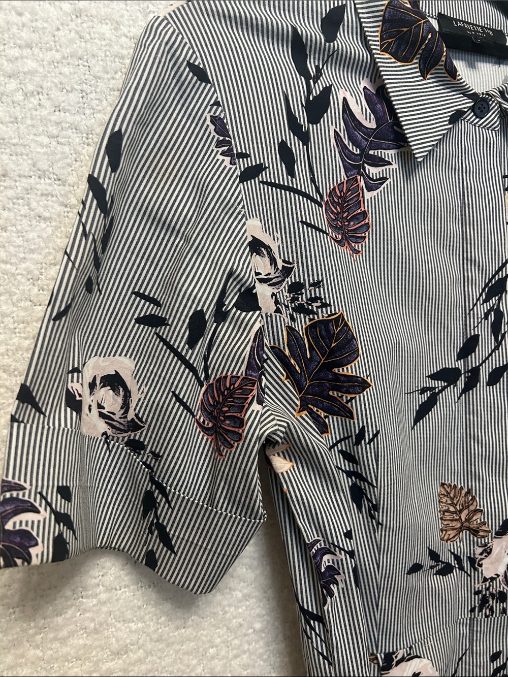 Lafayette 148 New York Floral Pinstripe Shirt Dress in Gray, Navy and Beige - Picture 3 of 5